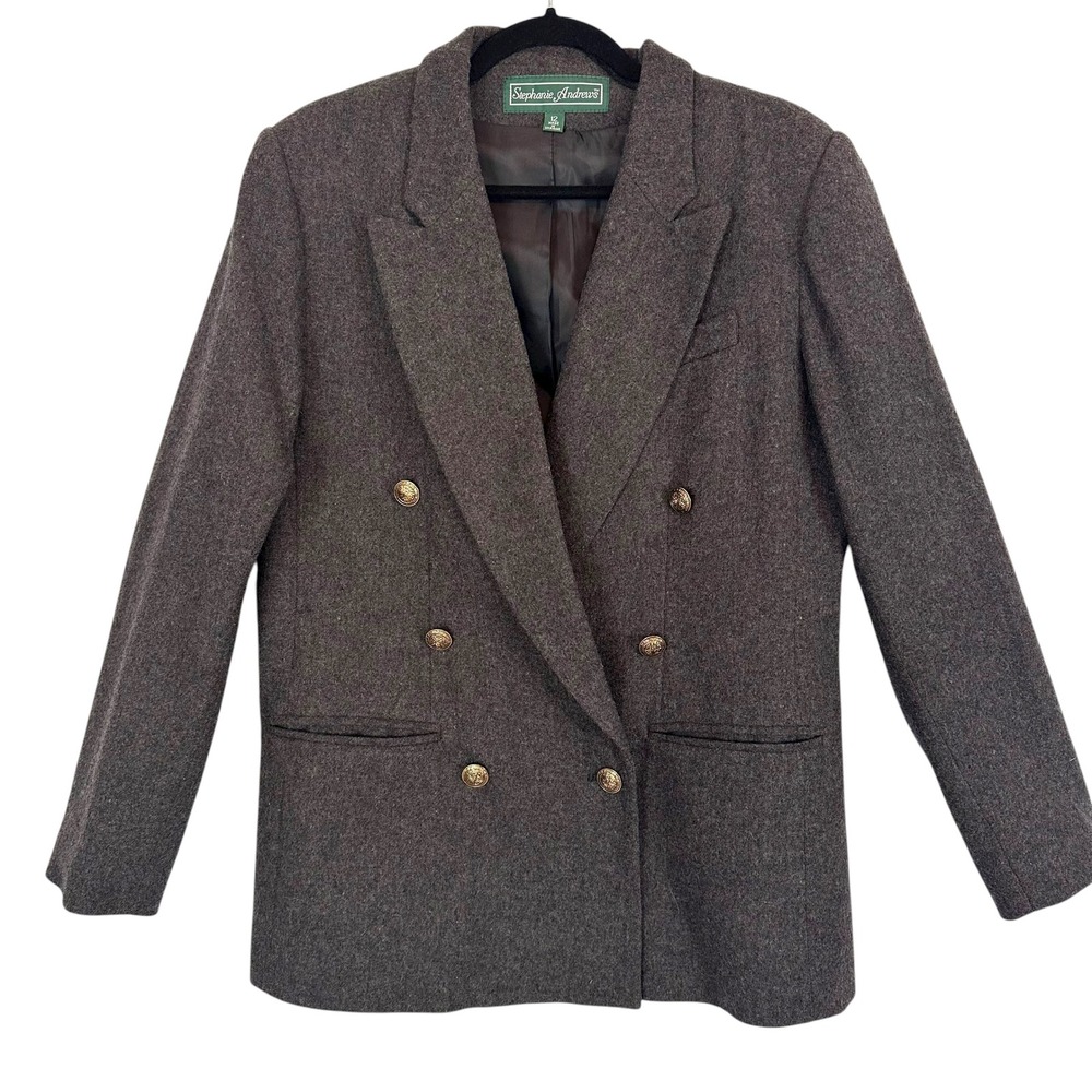 Stephanie Andrews 1990s Wool Blazer Women 12 Grey Tweed Double Breasted Jacket